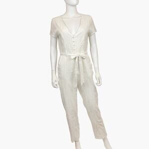 NWT VICI Textured Short-Sleeve V-Neck Belted Button-Up Jumpsuit (White | Size M)